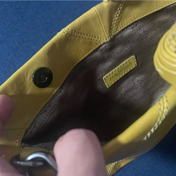 MALIPARMI Mustard Yellow Leather Stitched Ball Clutch Shoulder Bag Purse